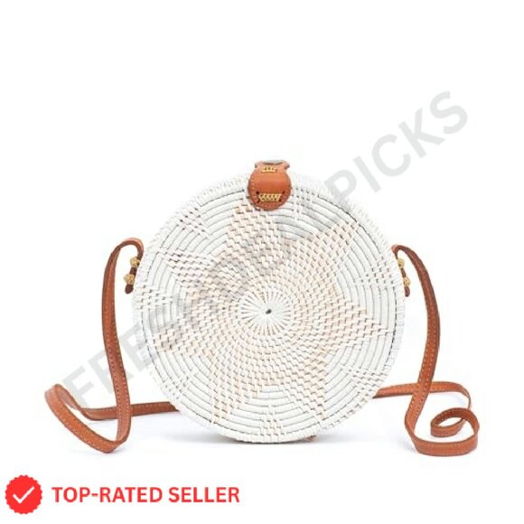 Round Rattan Crossbody Bag Handmade Boho Wicker Purse Lightweight Summer - Picture 2 of 8